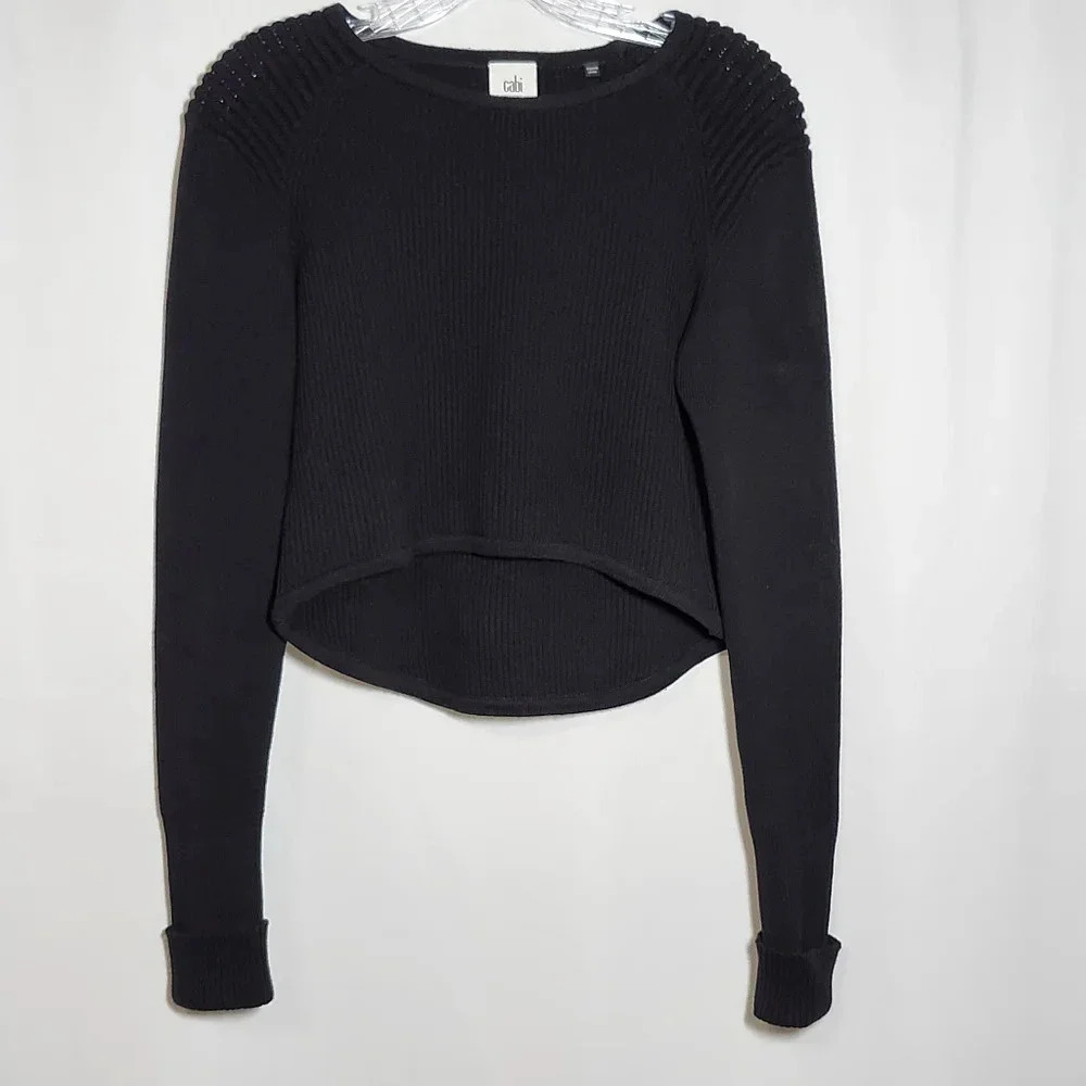 CAbi Women's Size Small Cropped Hi Low Pullover Long Sleeve Black Sweater